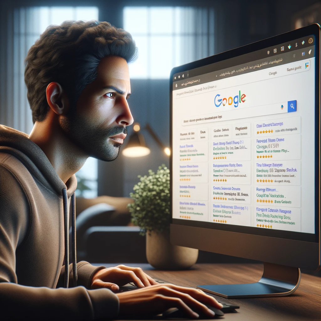 A person looking at a computer screen showing a Google search results page with rich snippets including product images, review stars, and recipe details.