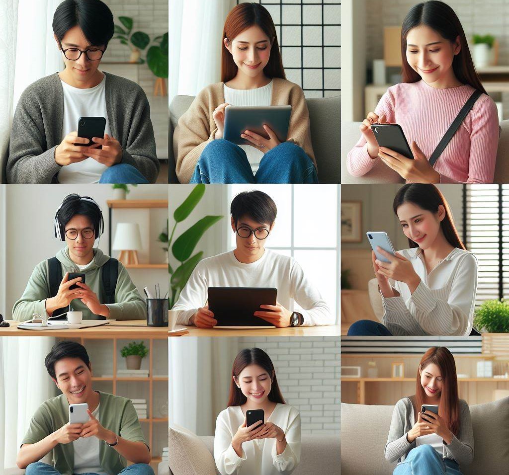 Various people using mobile phones such as smartphones and tablets while on-the-go, at home, and at work.