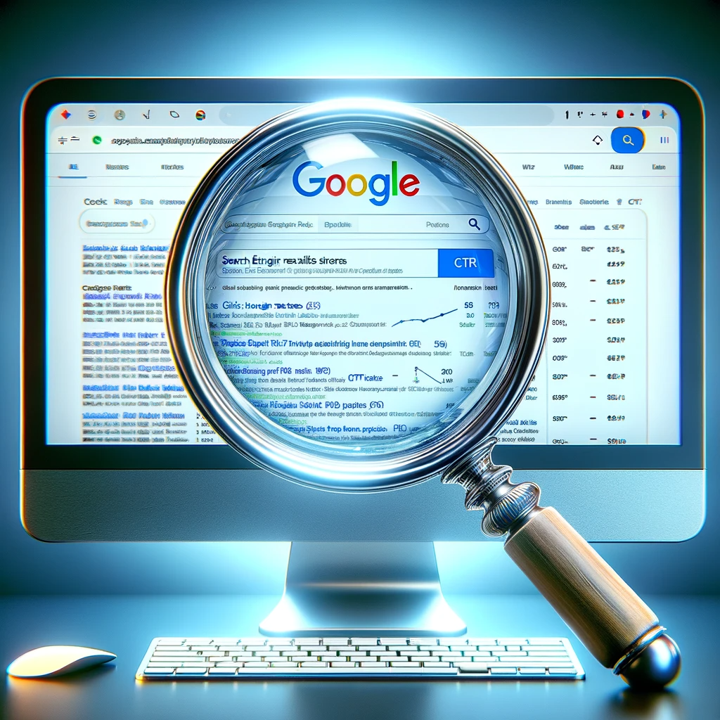 A magnifying glass over a SERP interface, symbolizing the analysis and optimization of click-through rates by applying testing strategies.