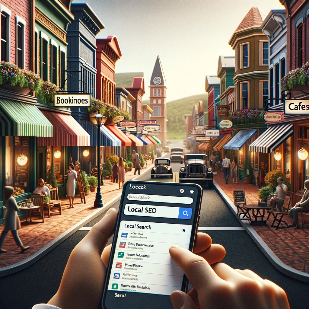 Vibrant small town street with diverse businesses like cafes and boutiques, showcasing storefronts optimized for local SEO with visible service keywords; person in foreground using smartphone displaying local business listings.