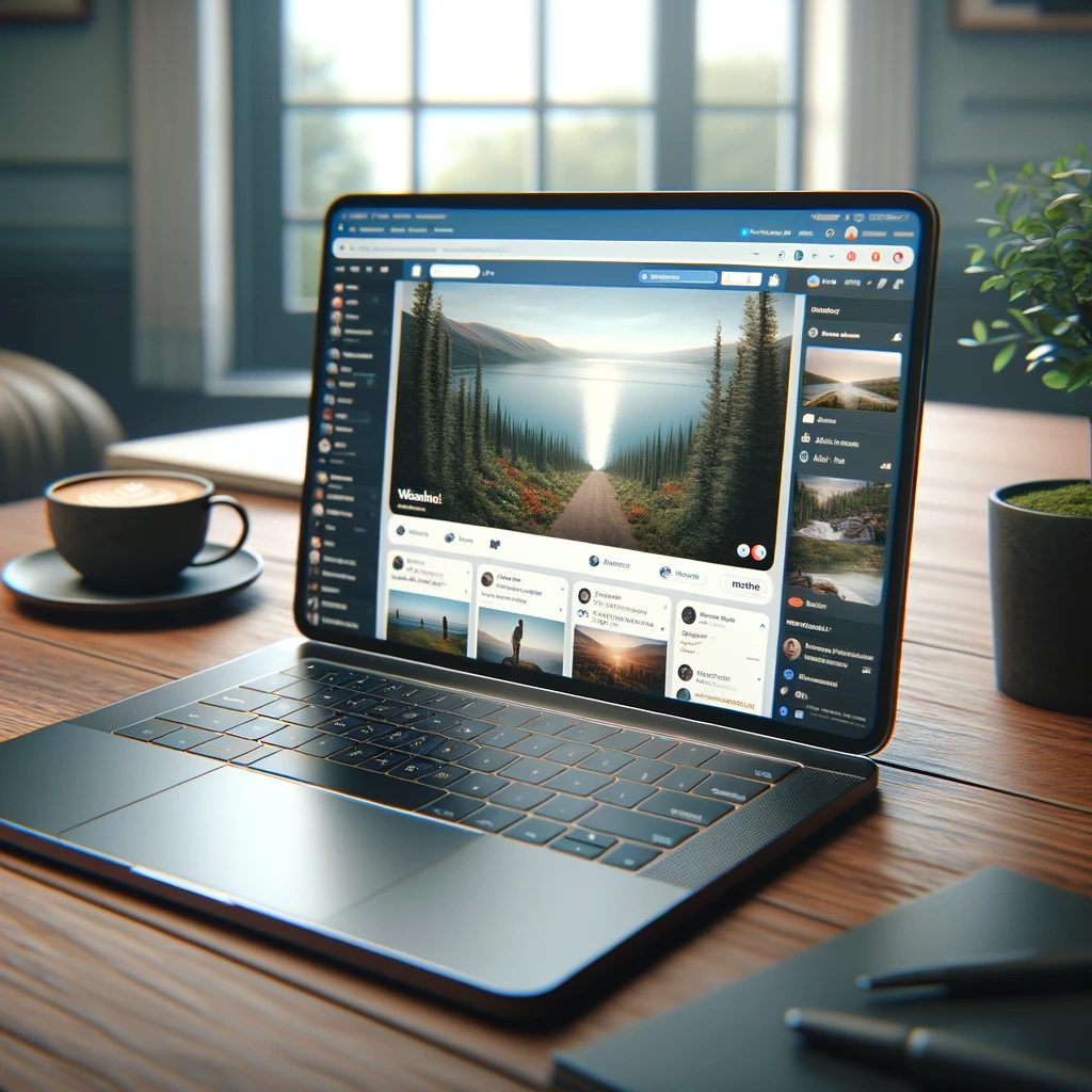 A photo of a laptop showing a social media profile.