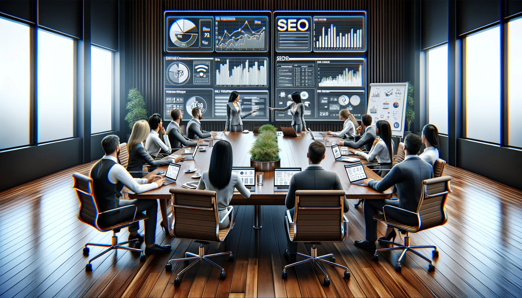 An image of an SEO goals meeting, depicting a professional team engaged in discussion around a conference table with various digital tools.