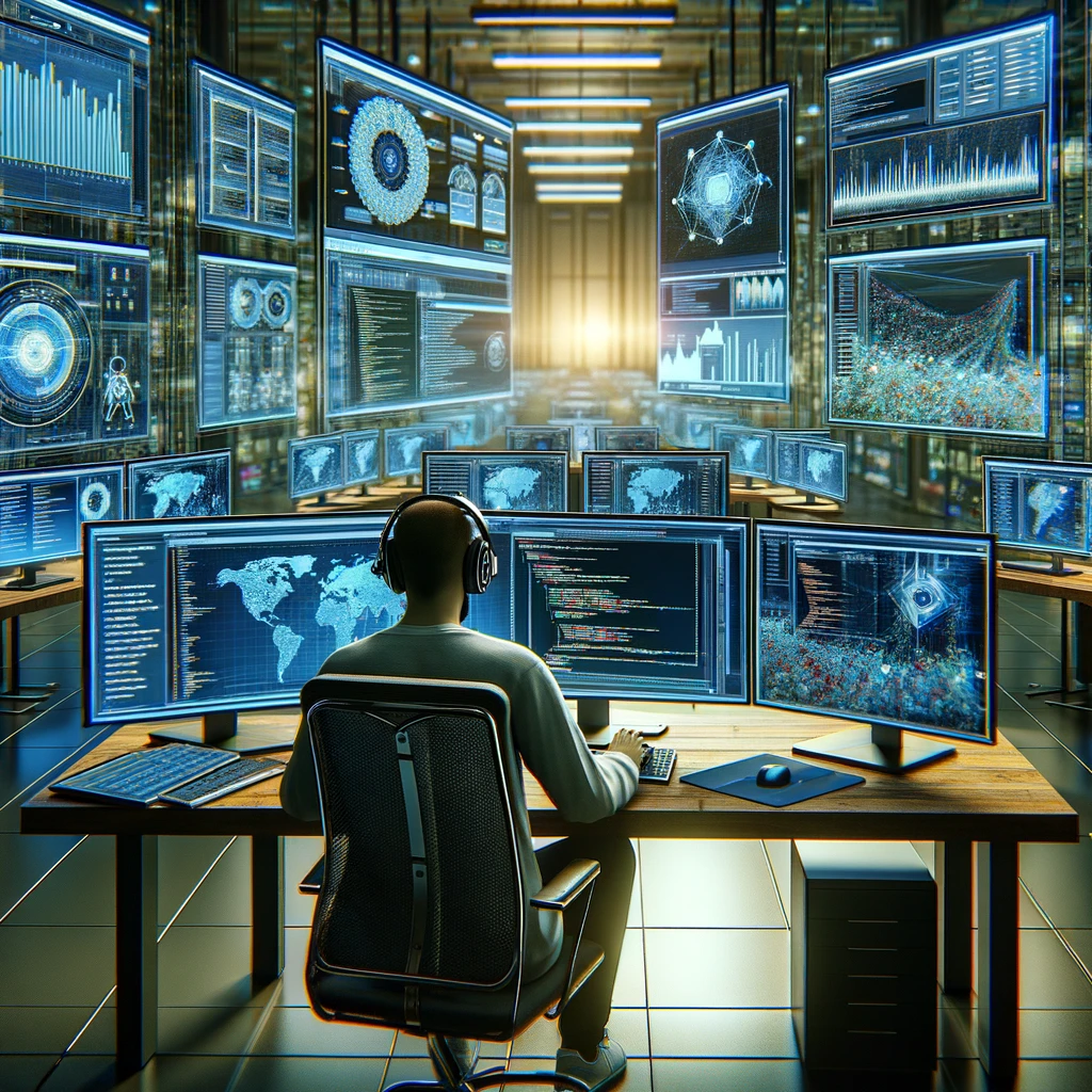 The image features a person at a futuristic, high-tech workstation, surrounded by multiple monitors displaying code, analytics graphs, and various SEO tools